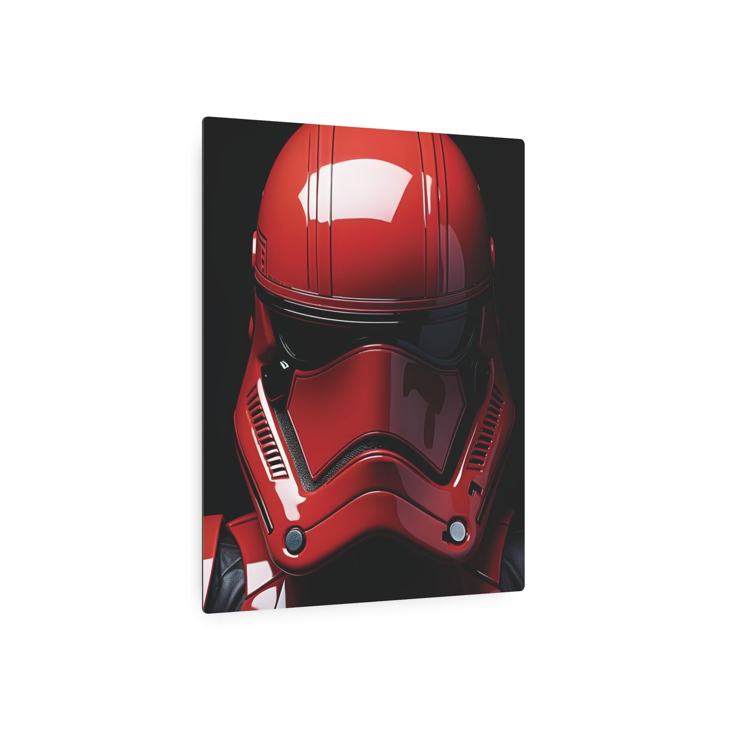 Stunning Crimson Stormtrooper Metal Art Poster showcasing the iconic red helmet against a dark background, perfect for luxurious Star Wars decor in various sizes.