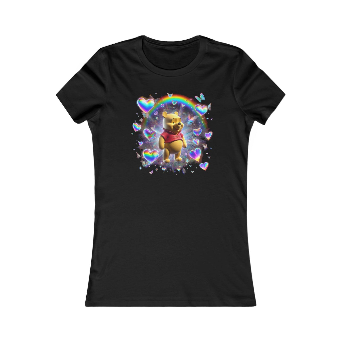 Vibrant Winnie the Pooh Women's Cotton T-Shirt Tee featuring a joyful Pooh Bear surrounded by luminous hearts, butterflies, and a rainbow backdrop, perfect for adding a whimsical touch to your wardrobe.