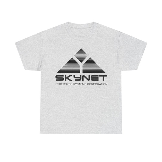 Skynet Cyberdyne Systems - Terminator Retro Logo Graphic Tee Unisex in grey, featuring a luxurious vintage aesthetic with the renowned Skynet logo, ideal for casual outings and collectors.