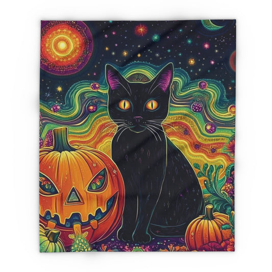 Decorative and Warm Halloween Spooky Arctic Fleece Blanket featuring a striking design of a black cat and a jack-o'-lantern amidst a cosmic backdrop, perfect for adding luxury to your seasonal decor.