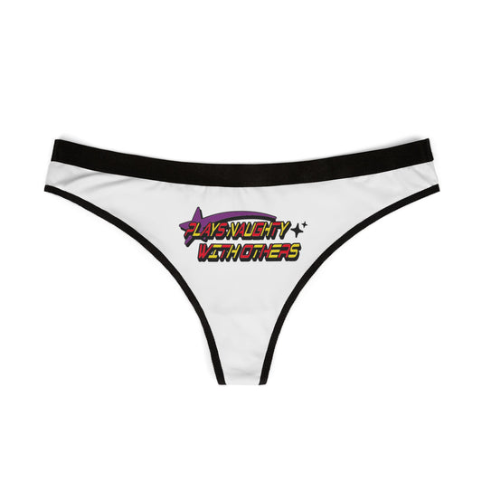 Stylish thong panty designed for women, displaying the enticing phrase "Plays Naughty With Others" in vibrant colours on a pristine white fabric, perfect for adding a touch of allure to any lingerie collection.