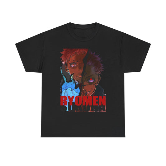 Elegant Ryomen Sukuna anime t-shirt in black, showcasing captivating graphic illustration of two fierce characters, perfect for anime enthusiasts.