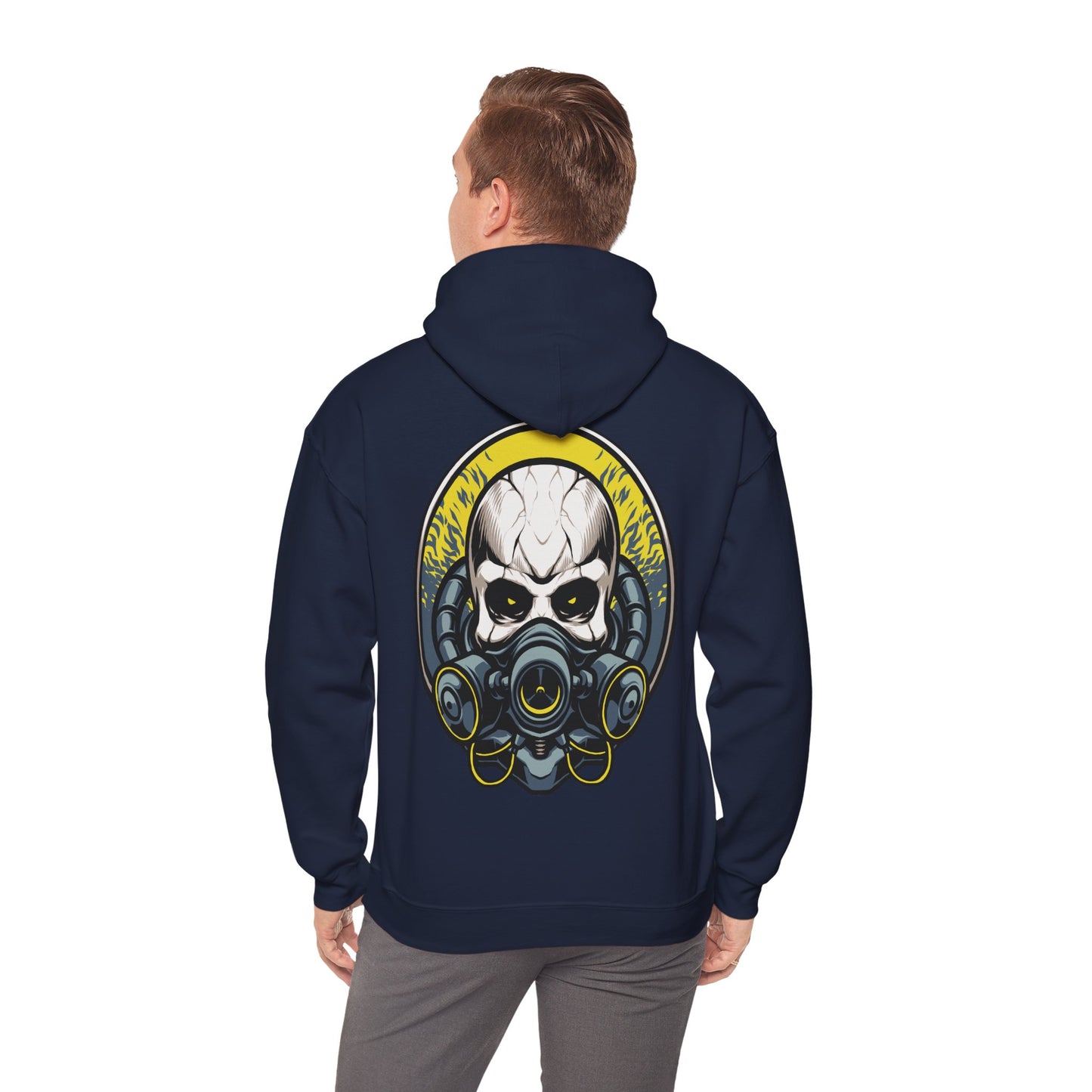 Stylish steampunk skull hoodie featuring a striking gas mask design with bold golden accents, showcased on a model from the back, perfect for adding a fierce aesthetic to luxury streetwear.