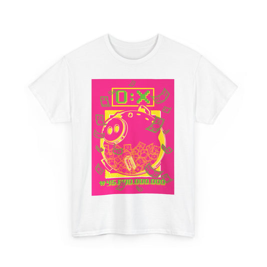 Stylish Squid Game unisex graphic cotton tee showcasing an eye-catching pink and yellow graphic of a piggy bank surrounded by money, ideal for making a bold fashion statement.