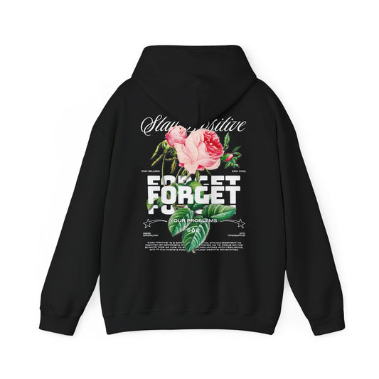 Chic black hoodie adorned with an artistic floral illustration and motivational phrases 'Stay Positive' and 'Forget Your Problems,' perfect for a stylish, positive vibe.