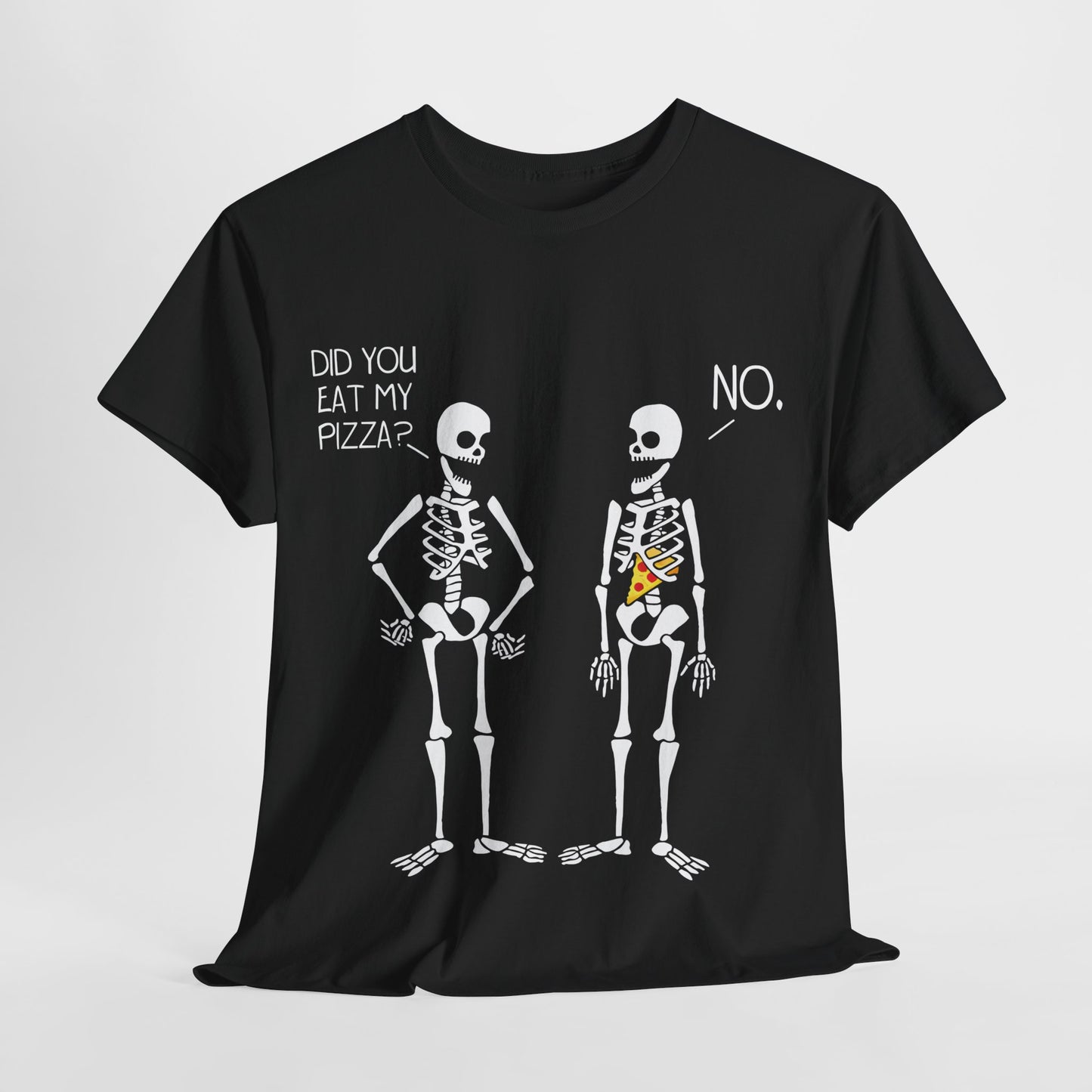Stylish women's and men's graphic T-shirt titled 'Did You Eat My Pizza?', depicting playful cartoon skeletons, designed for comfort and uniqueness, ideal for casual gatherings or themed events.