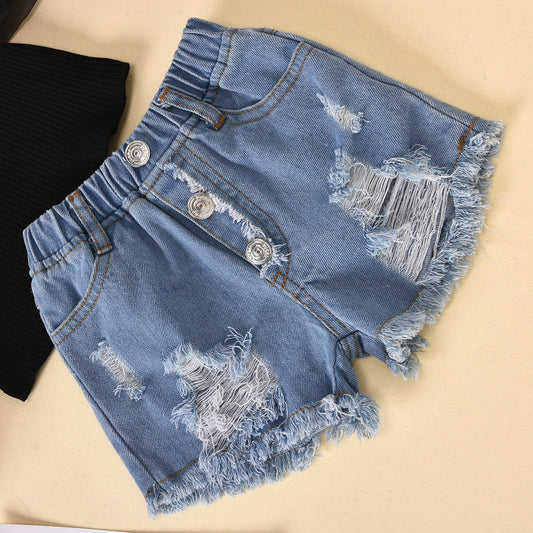 Children's Clothing Cotton Dot Mesh Sleeves Striped Top Ripped Denim Shorts Kids Suit featuring fashionable denim shorts with a distressed design, perfect for stylish little ones.