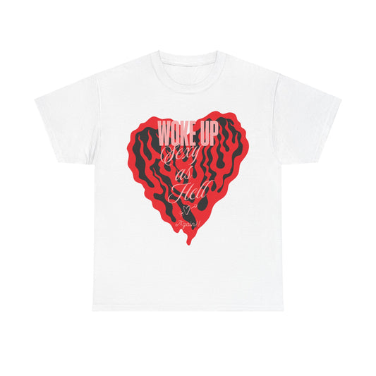 Woke Up Sexy Women's Graphic T-Shirt showcased in crisp white, adorned with a striking red heart design and eye-catching typography, perfect for making a fashion statement.