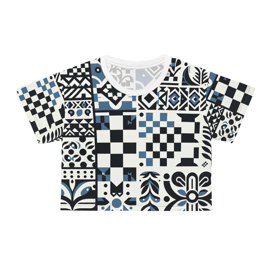 Elegant Lorelei Beaumont Trendy Crop Top showcasing a modern checkerboard and floral design in black and blue on a pristine white background, made from luxurious 100% silky-soft polyester.