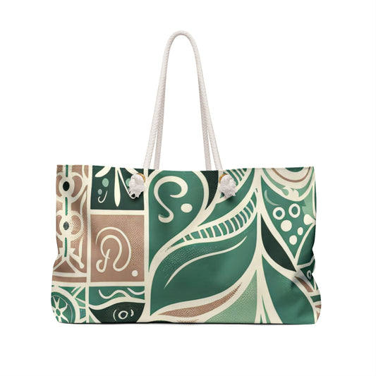 Close-up view of Thea Sinclair Pastel Green Weekender Tote Bag showcasing intricate block print design elements and robust rope handles, perfect for luxury weekend getaways.