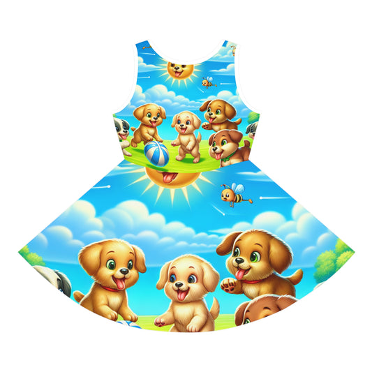 Dazzling Dreams AOP Pencil Skirt for Girls showcasing an enchanting print of joyful puppies and a sunny scene, ideal for adding a touch of luxury to summer outfits.