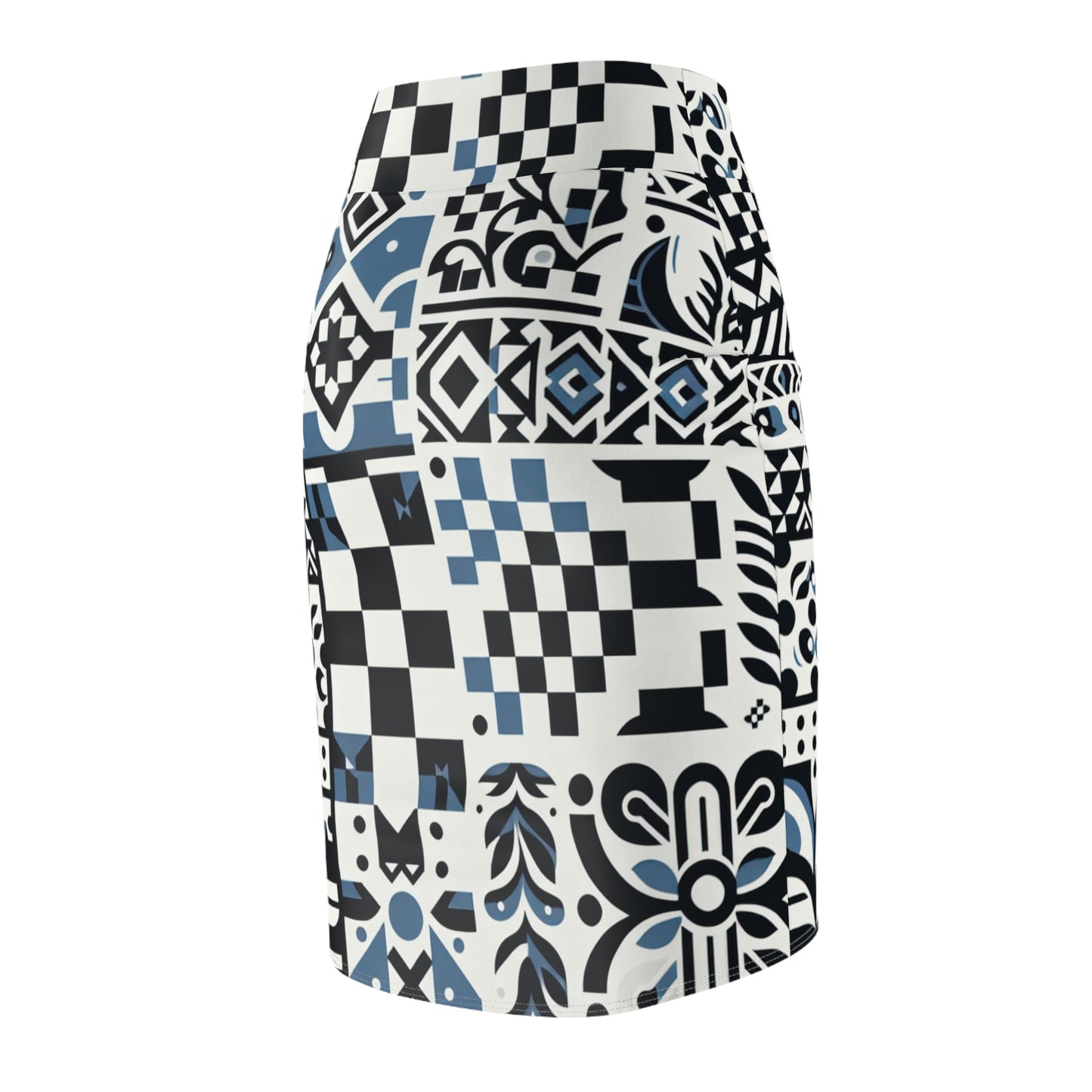 Close-up view of the checkerboard pattern on the Lorelei Beaumont pencil skirt by Dazzling Dreams Studio, showcasing its luxurious fabric and tailored fit for a chic silhouette.