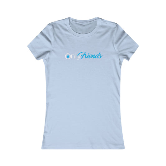 Elegant light blue fitted t-shirt adorned with the charming 'Only Friends' script in light teal, ideal for a fun yet stylish look.