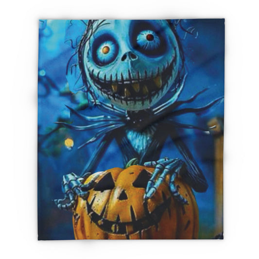 Decorative and Warm Halloween Skellington Spooky Arctic Fleece Blanket showcasing a whimsical skeleton holding a carved pumpkin, ideal for elegant autumn evenings.