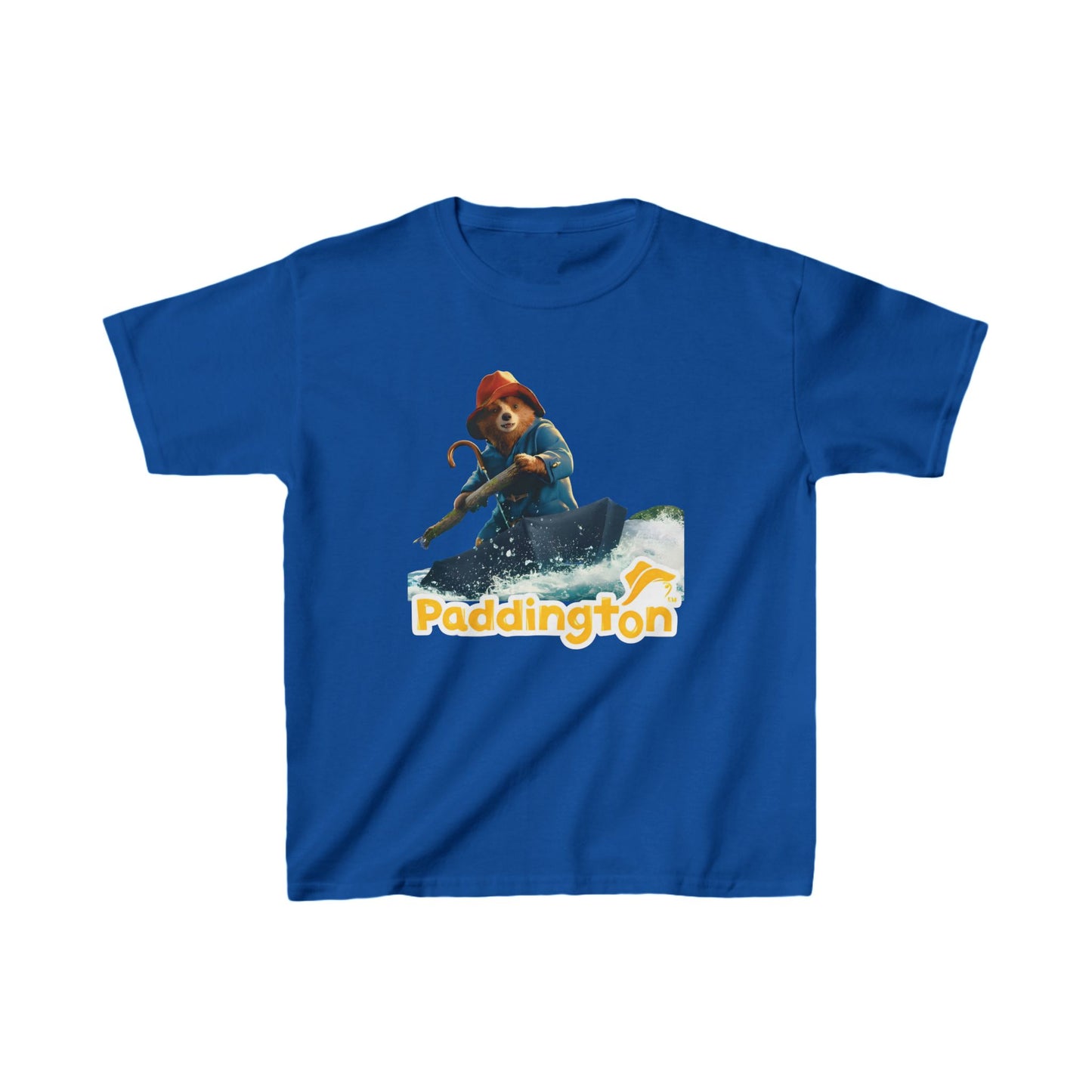 Unisex Kids Paddington in Peru Cotton T-Shirt showcasing Paddington Bear in a striking blue colour, embodying whimsical charm and luxury for fashion-forward children.
