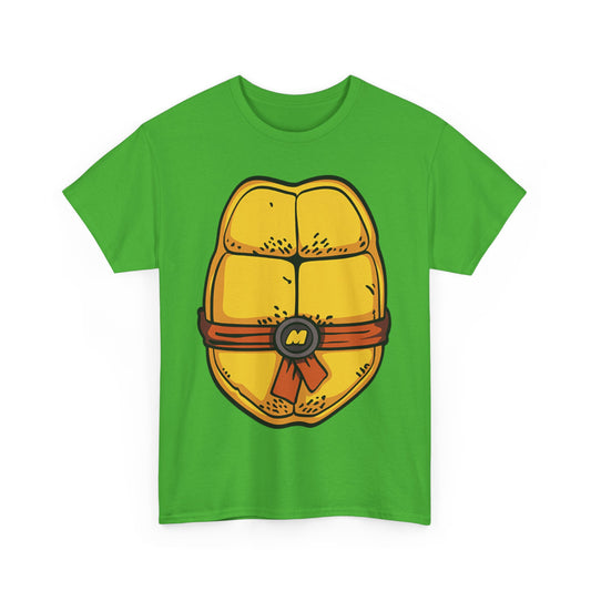 Elegant Michelangelo Teenage Mutant Ninja Turtles unisex graphic tee showcasing a striking cartoon shell print, perfect for fans of timeless comic classics.