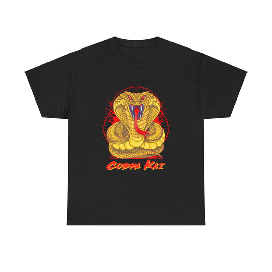 Luxurious Cobra Kai graphic T-shirt featuring a striking gold snake emblem, perfect for martial arts enthusiasts.