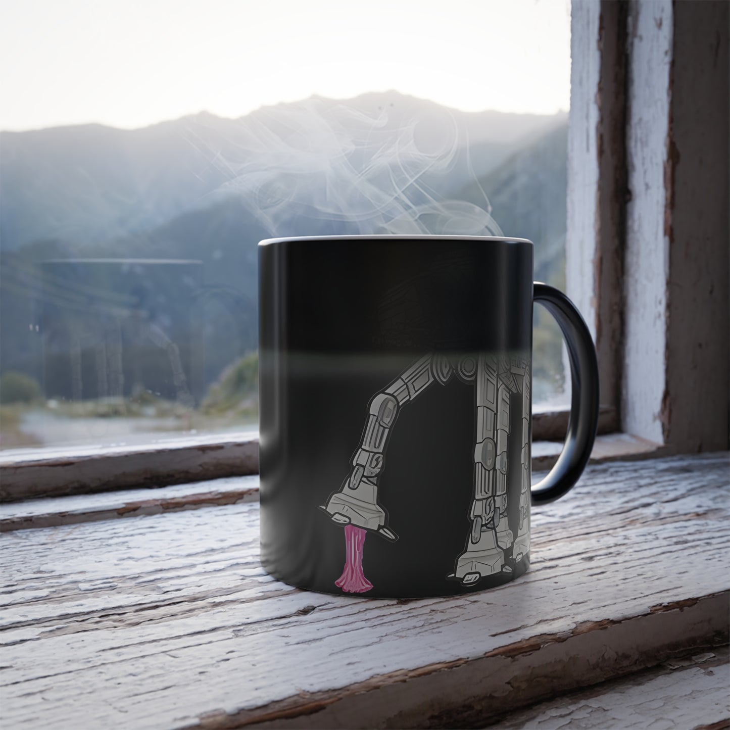 Elegant scene of the Rebel Gum Star Wars Heat Change Coffee Mug with AT-AT Design, placed on a rustic windowsill, exuding luxury with warming steam.
