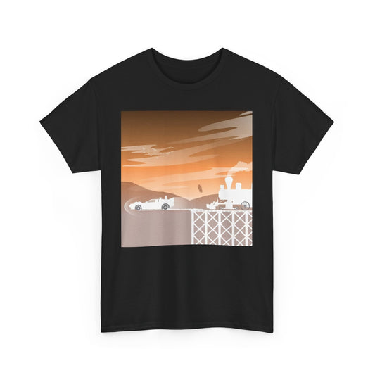 Elegant Back To The Future Funny Gift unisex graphic t-shirt showcasing an artistic silhouette of a time-traveling car and vintage steam train with a picturesque sunset horizon, ideal for casual yet sophisticated fashion.