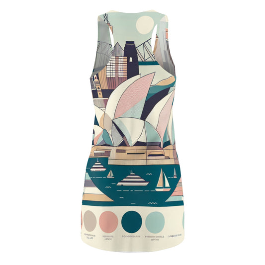 Close-up of the Vivienne Stellart Sydney Dress showcasing its stylish pattern and modern aesthetic influenced by the iconic Sydney skyline.