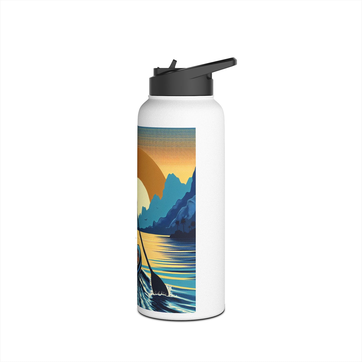 Close-up of the Fantasy Paddleboarding Stainless Steel Water Bottle featuring intricate artwork of a serene water scene, designed for both adventure seekers and style enthusiasts.