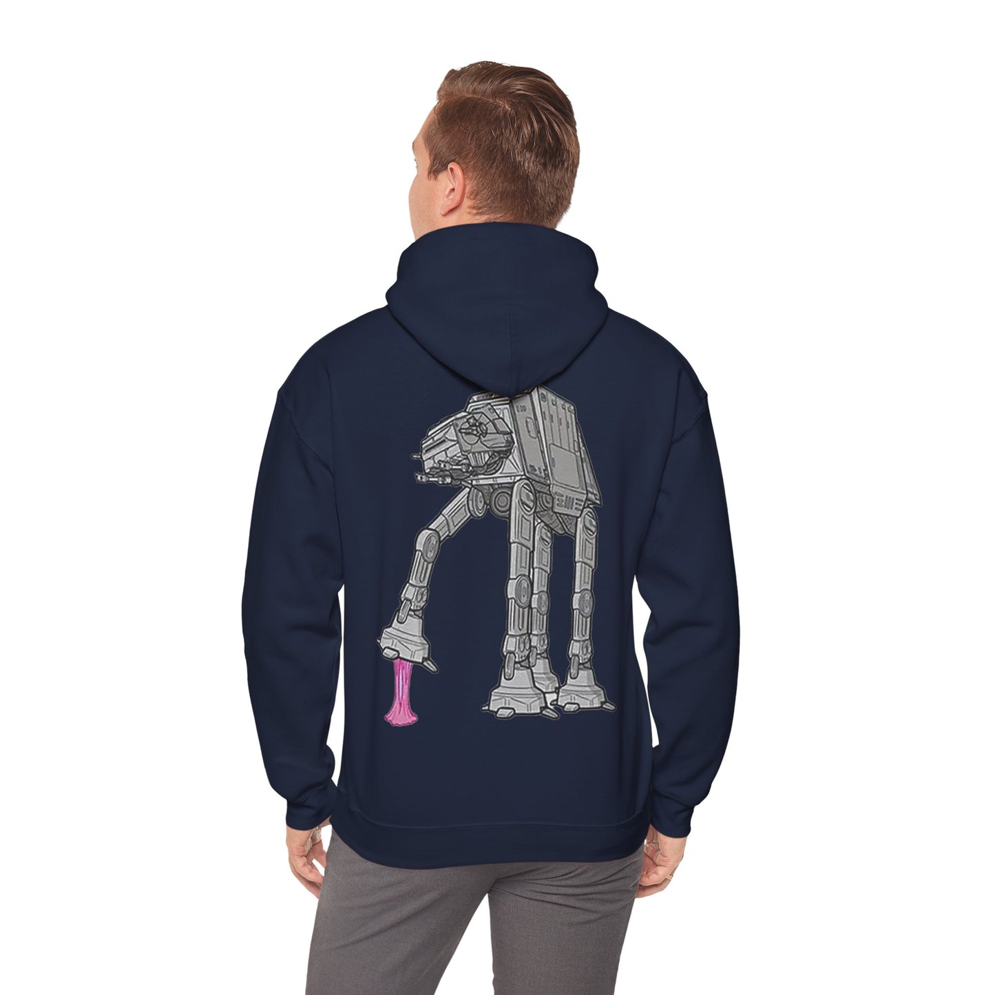 Elegant illustration of the Rebel Gum Star Wars AT-AT on a cozy hoodie, complemented by a splash of pink gum for a modern, stylish look.