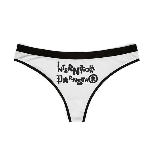 Stylish International Star thong featuring bold graphics and playful typography, perfect for confident women seeking a statement piece.