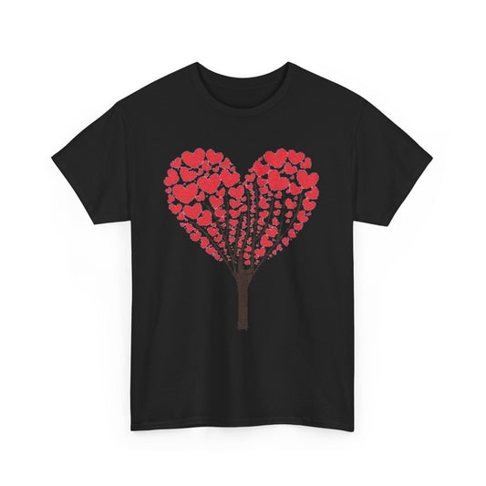 Elegant Valentine's Day Lovers Gift: Unisex Cotton Graphic T-Shirt showcasing a striking heart tree graphic in vibrant red on a classic black tee.