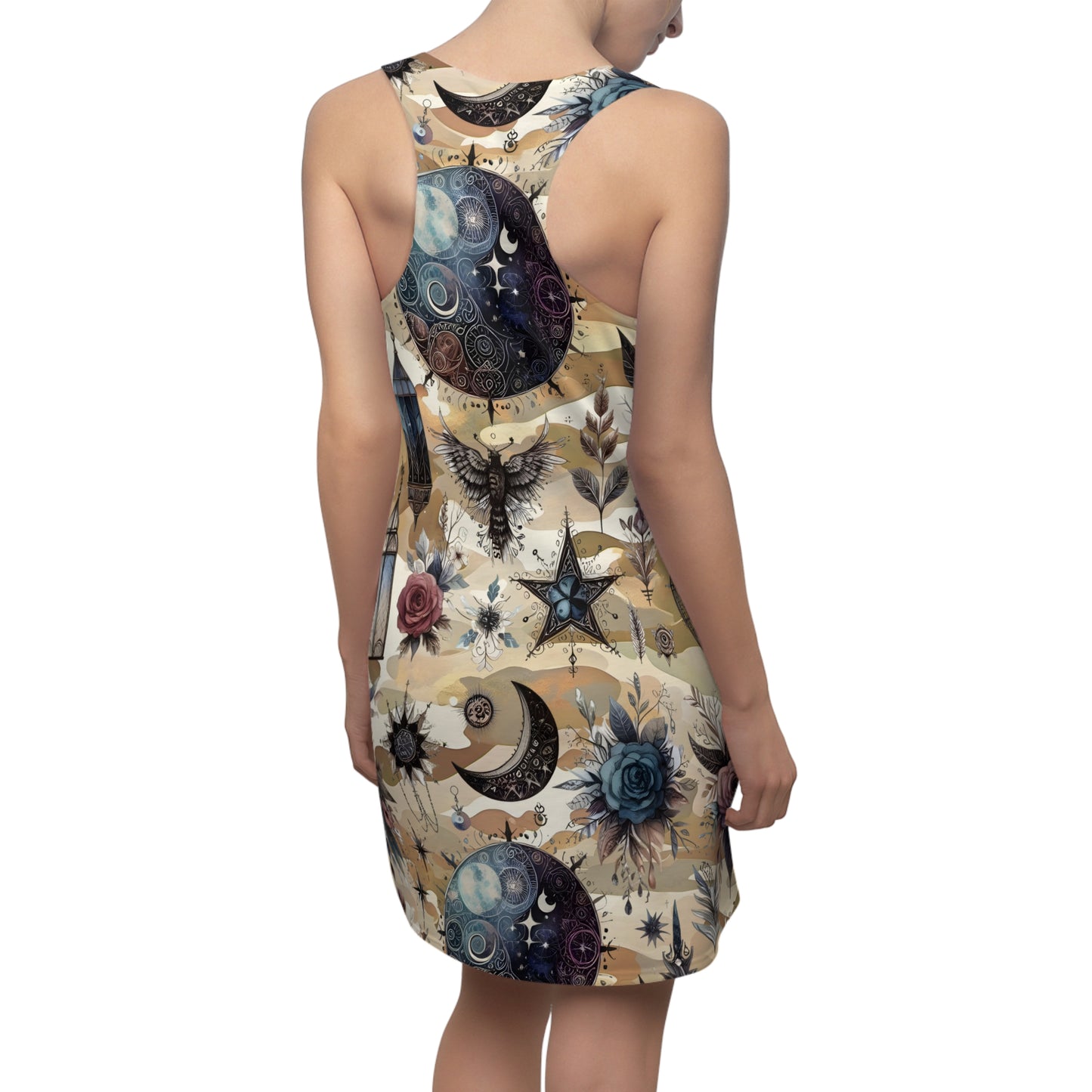 Elegant Women's Chic Designer Racerback Dress featuring a celestial inspired print adorned with moons, stars, and floral patterns. Perfect for stylish summer outings and casual events.