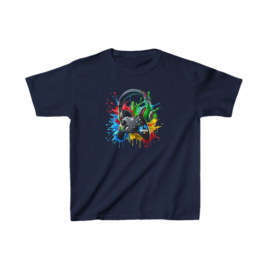Unisex Children's Gaming Graphic Cotton Tee featuring an eye-catching gaming controller and headphones graphic, ideal for young gamers. Available in navy blue.