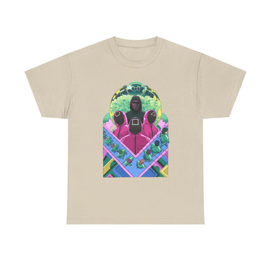 Stylish beige unisex graphic tee featuring a colourful design inspired by a popular survival game, showcasing iconic characters in vibrant hues.