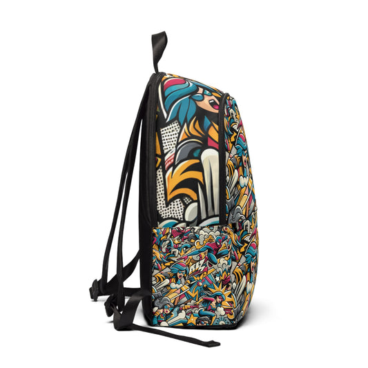 Side view of the luxury backpack, designed with abstract elegance in monochrome harmony, adorned with intricate comic-style illustrations and a comfortable design.