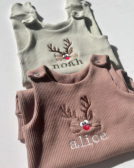 Luxury baby Christmas dungarees from DreamBuy featuring cute embroidered reindeer design, perfect for first Christmas decoration.