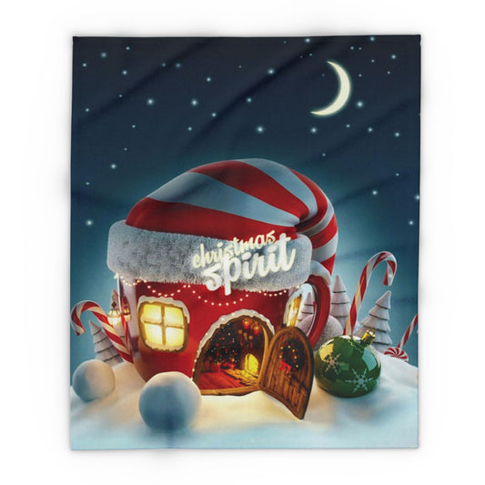 Luxurious Decorative and Warm Christmas Arctic Fleece Blanket featuring a whimsical winter scene with a gingerbread house, candy canes, and twinkling stars, perfect for festive decor.