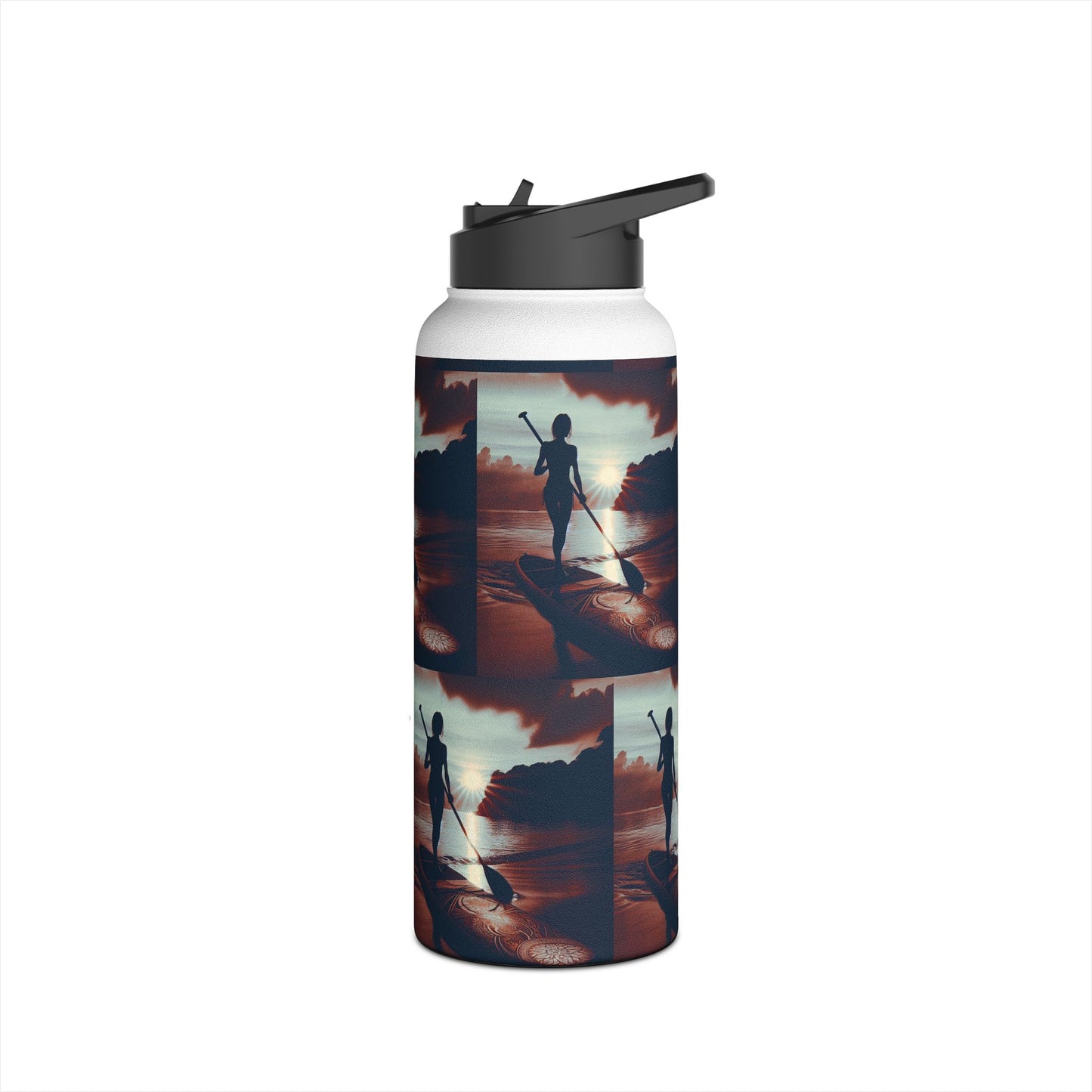 Chic Fantasy Paddleboarding Stainless Steel Water Bottle displaying vibrant imagery of a paddler at dawn, perfect for outdoor enthusiasts seeking style and utility.