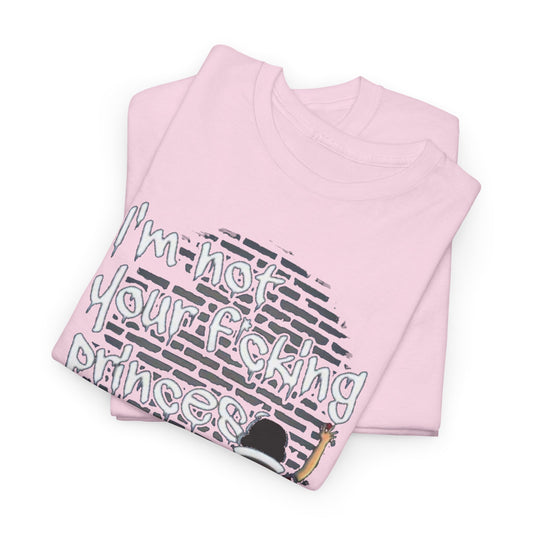 Stylish Snow White Funny Women's Graphic T-Shirt folded elegantly, showcasing the bold phrase 'I'm not your f*cking princess' in a modern, urban aesthetic, perfect for making a statement.
