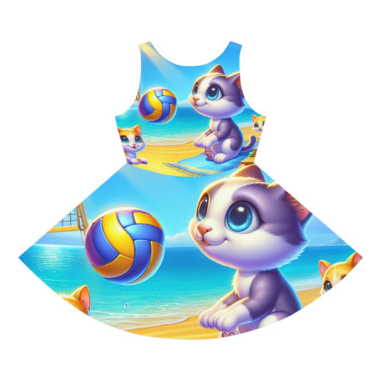Sofia Lilliput Girls Summer Sundress adorned with charming cartoon kittens playing volleyball against a picturesque beach scene, showcasing luxury and fun for young fashionistas.