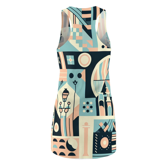 Modern Parisian Pastel Dress with Eiffel Tower Design showcased on a model, highlighting its stylish racerback fashion.