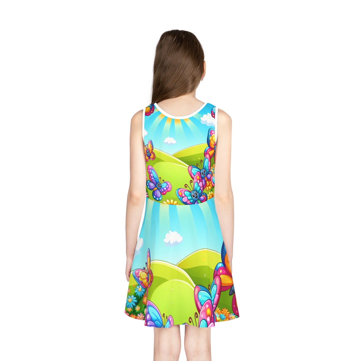 Flared skirt detail of the Lilliana Twinklestitch Butterfly Print Girls Sundress by Dazzling Dreams Studio, representing playful elegance for sunny outings.
