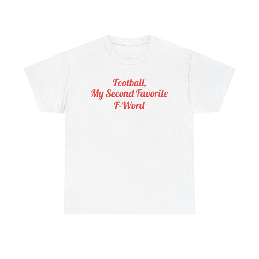 Elegant white Urban Unisex Cotton Graphic T-Shirt displaying the phrase 'My Second Favorite F Word', perfect for diverse casual occasions.