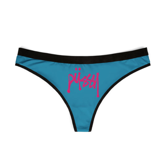 Front view of luxurious blue thong panties with eye-catching 'pussy' graphic, designed for bold fashion statements and unique style.