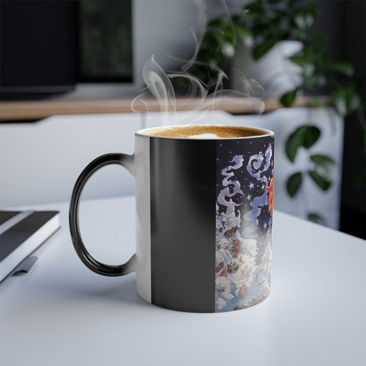 Discworld Hogfather Color Morphing Mug in use, with steam rising from a warm beverage, showcasing its unique heat-changing design featuring Hogfather imagery.