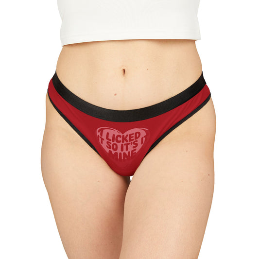 Valentines Naughty Gift Cheeky Women's Thong worn by a model showcasing the stylish design with a humorous message 'I Licked It So It's Mine', ideal for birthdays or anniversaries.