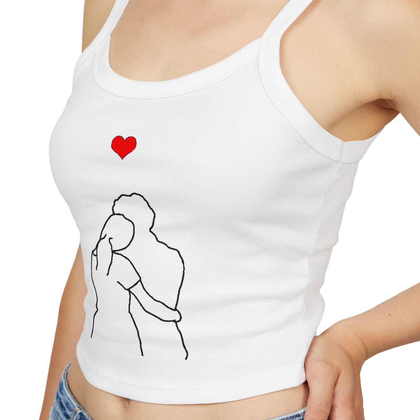 Close-up of the Valentine's Day Lovers Gift Women's Spaghetti Strap Tank Top, showcasing intricate line art of a loving couple and a vibrant red heart, perfectly symbolising affection.