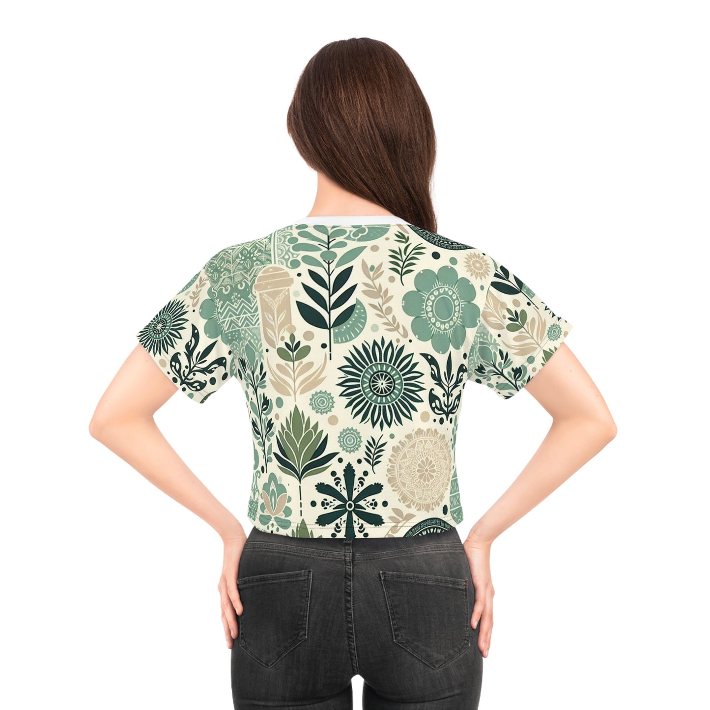 Luxurious Contemporary Pastel Green Block Print Crop Top from Dazzling Dreams Studio, showcasing its stylish design and versatility, perfect for pairing with high-waisted skirts or jeans.