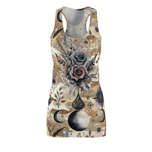 Front view of the Chic Women's Designer Racerback Dress adorned with a luxurious floral print, ideal for stylish summer occasions.