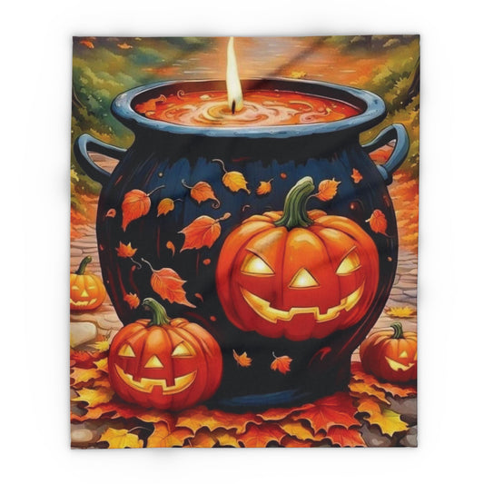 Elegant Decorative and Warm Halloween Spooky Arctic Fleece Blanket showcasing a vibrant cauldron with swirling potion and jack-o'-lanterns in an autumn setting.