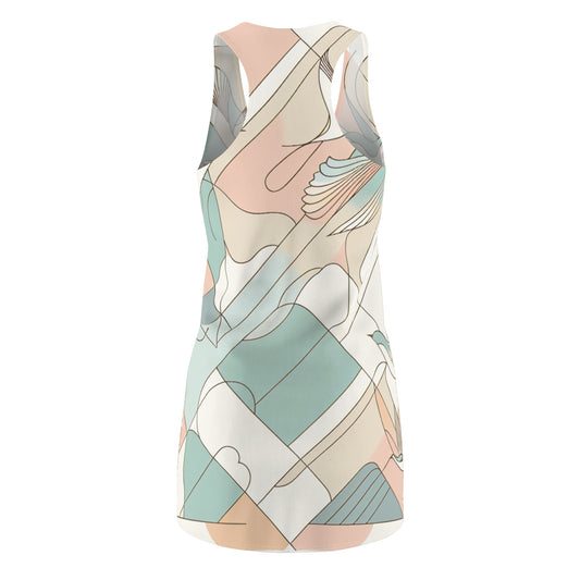 Close-up view of the Modern Pastel Geometric Pattern Racerback Dress featuring intricate bird graphics by Dazzling Dreams Studio, perfect for stylish comfort.