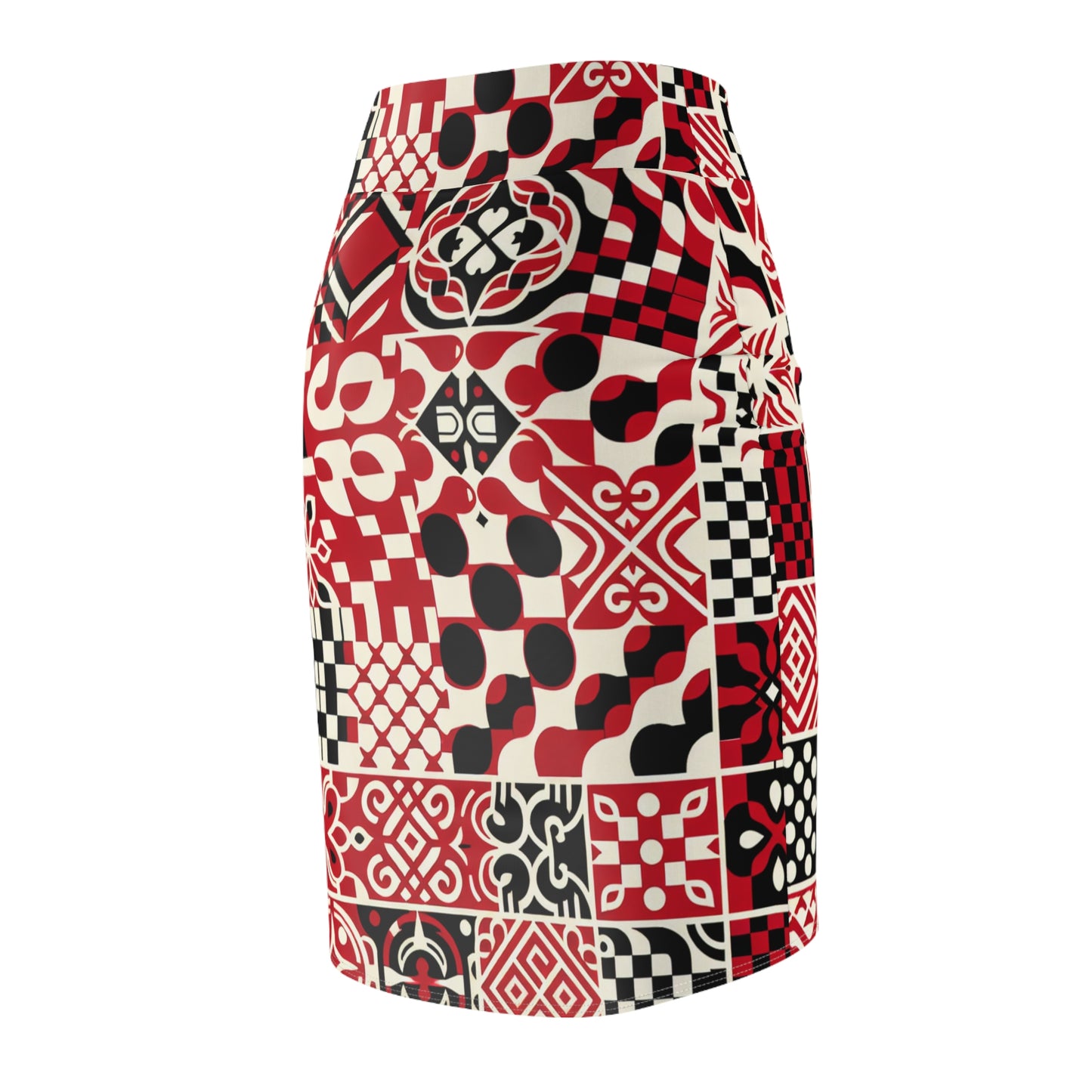 Model wearing the Vibrant Red Checkerboard Pencil Skirt by Dazzling Dreams Studio in a stylish outfit, demonstrating its versatility for both casual and formal occasions.