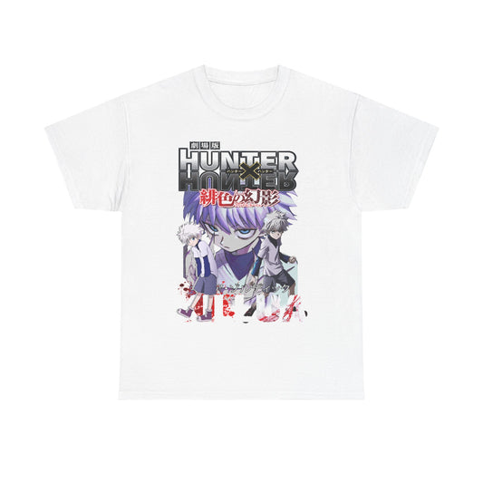Elegant white graphic tee showcasing Killua and Gon from Hunter x Hunter, intricately designed with vivid colours, making it a standout piece for anime lovers.
